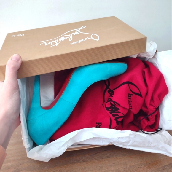 Christian Louboutin Riviera turquoise Ron Ron 100 suede red bottom heels 40/ 9 - Picture 12 of 12